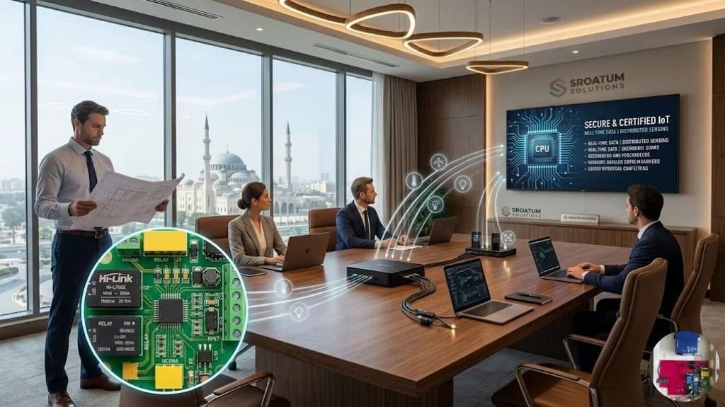 Co-working meeting room with IoT energy automation overlays, custom control hardware, PCB detail insets, and real-time monitoring graphics on a conference display