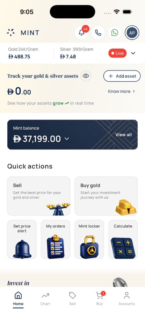 MINT Wealth home screen with live gold and silver prices, add asset tracking, buy and sell quick actions, and Mint balance